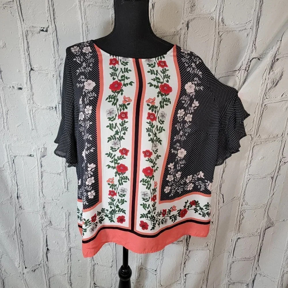 LIZ Claiborne Dolman Black Polka Dot Floral Panel Flowy Chiffon Blouse Top OX